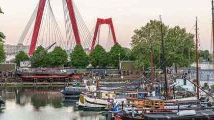 Haven met boten, rode brug op achtergrond – Specialismen – Zakelijk