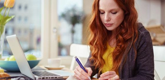 Vrouw aan laptop-sneeuwschade-zakelijk