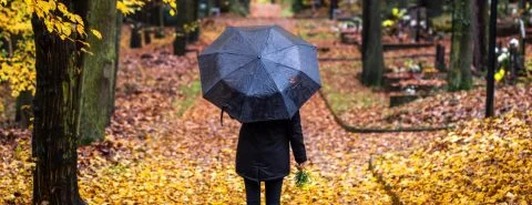 Vrouw in bos herfst met paraplu – Uitvaartverzekering – Particulier