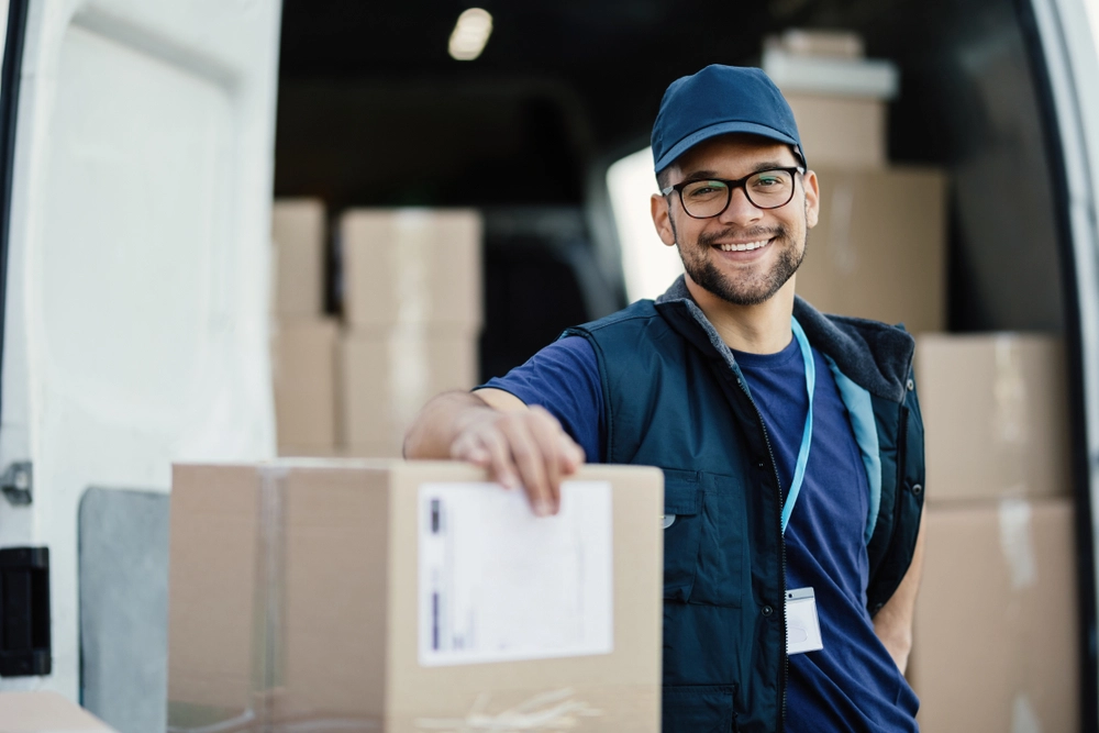 Portrait,Of,Happy,Worker,Unloading,Boxes,From,A,Delivery,Van