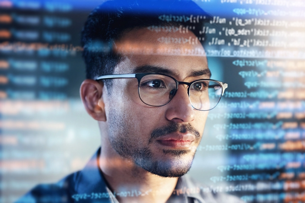 Software,,Coding,Hologram,And,Man,Thinking,Of,Data,Analytics,,Night