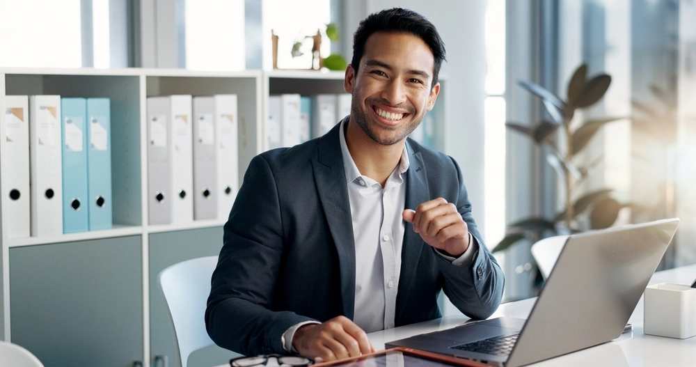 Smile,,Office,Laptop,And,Business,Man,,Bank,Agent,Or,Admin