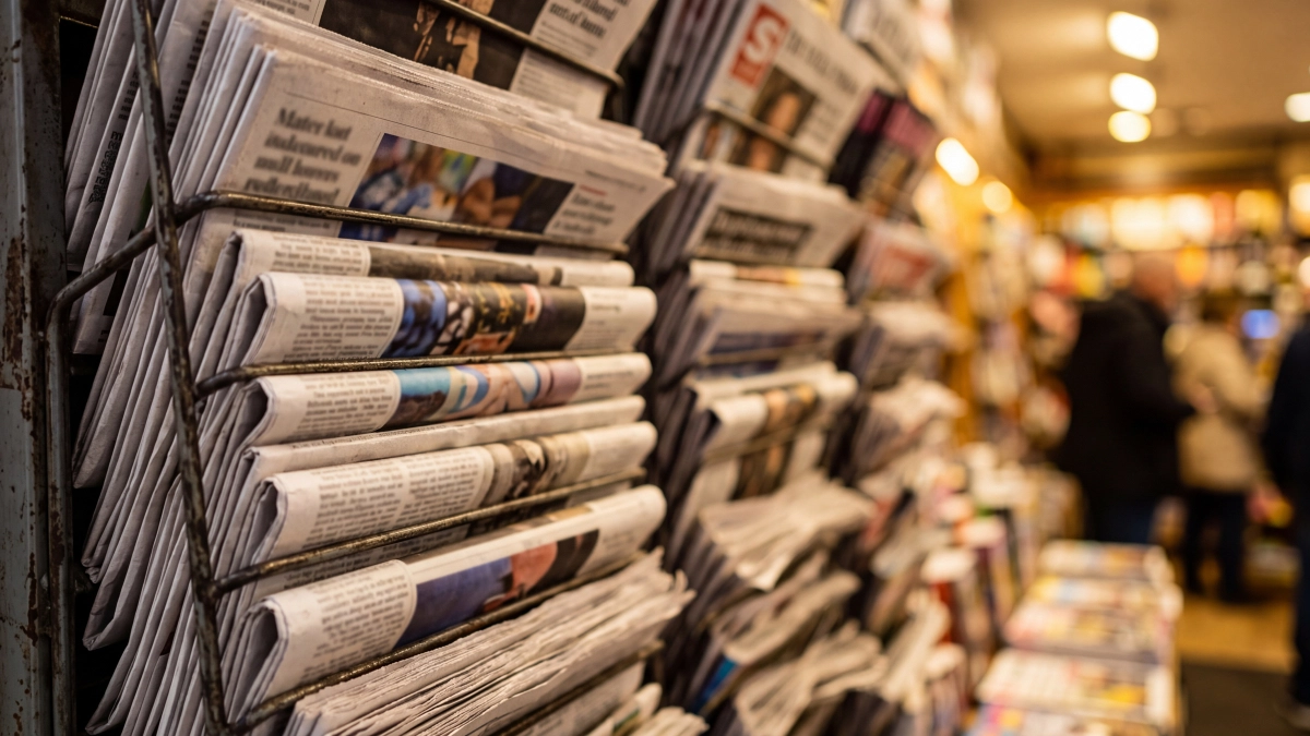 Newspapers stacked in a store showing different sections and headlines in a busy location during the day