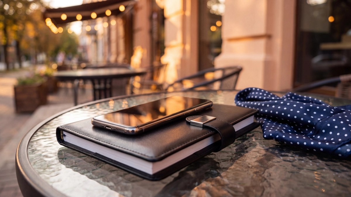 Smartphone and black leather notebook resting on a glass table at an outdoor cafe terrace with planner glass topped smartphone lies top cafe during sunset