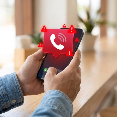 Man holding phone showing urgent call incoming notification, rep